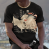 Cool guy wearing an all over print t-shirt of galloping chinese horses design