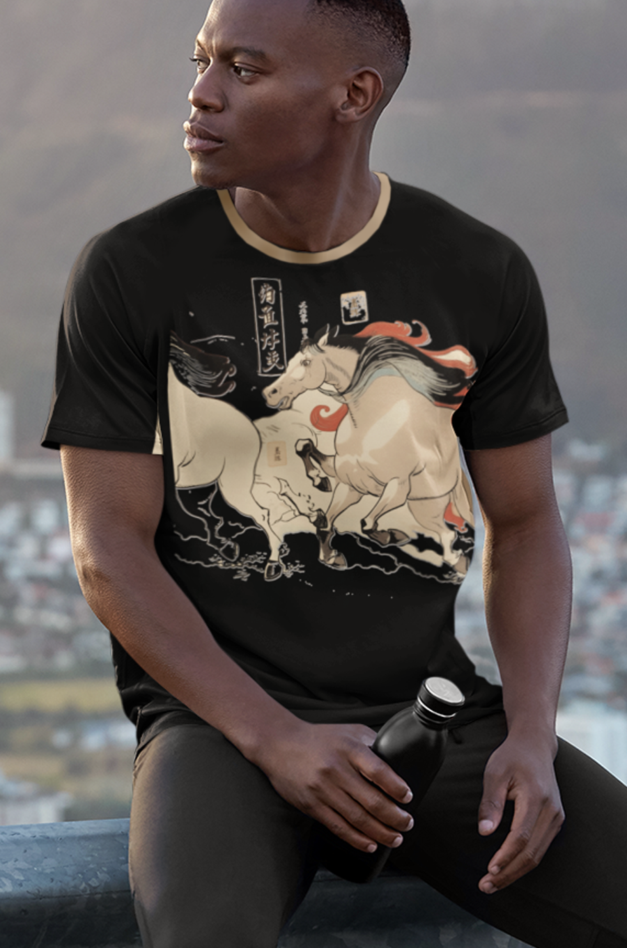 Cool guy wearing an all over print t-shirt of galloping chinese horses design