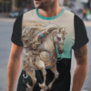 Tattooed guy wearing all over print tshirt of wild horses in chinese art style with contrasting trim