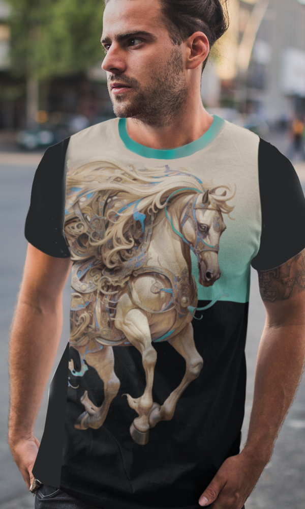 Tattooed guy wearing all over print tshirt of wild horses in chinese art style with contrasting trim
