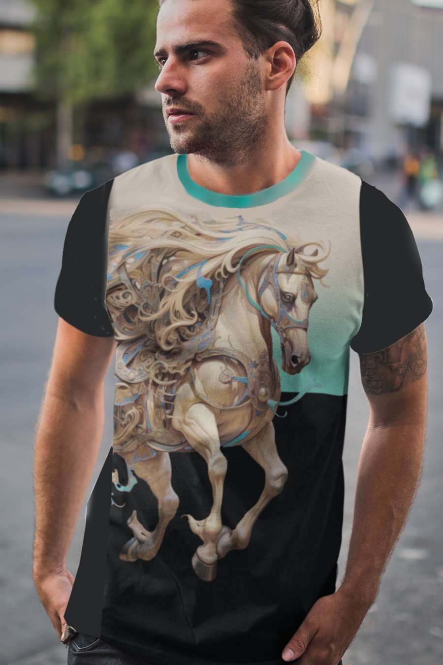 Tattooed guy wearing all over print tshirt of wild horses in chinese art style with contrasting trim