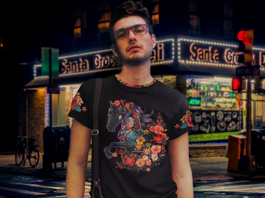 Hipster in front of a bodega wearing a chinese art tshirt depicting a tattooed horse with decorated neckline and sleeves, at night.