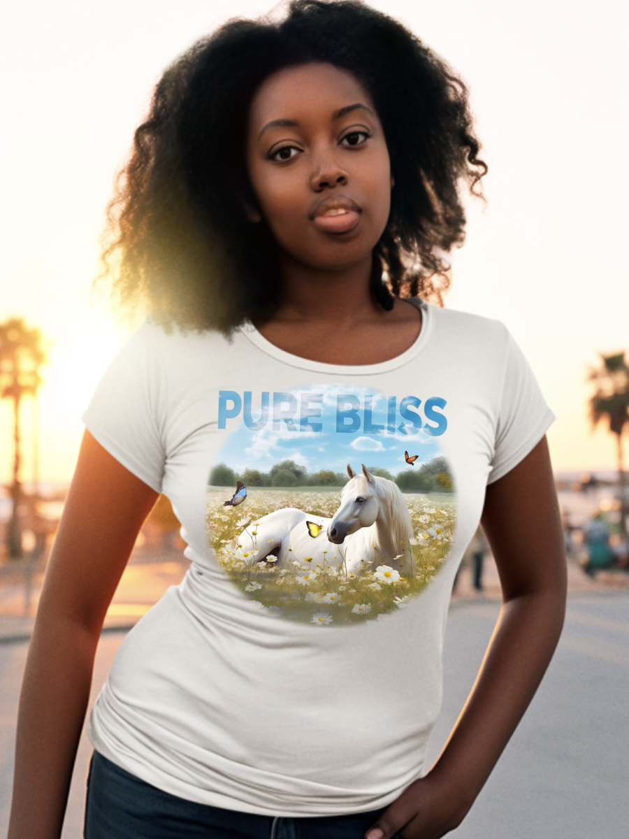 Woman wearing a tshirt with a horse playing in a field