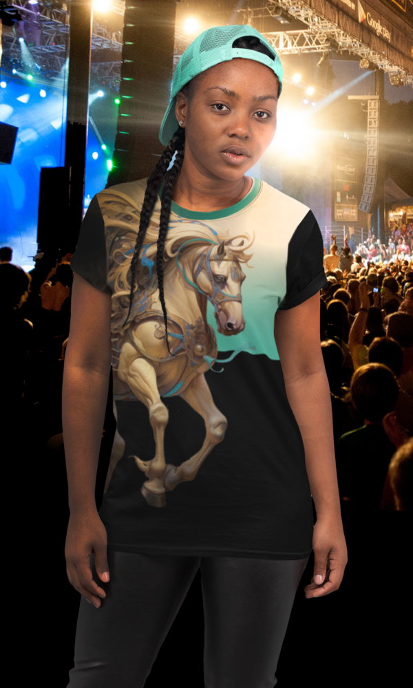 Young woman at an outdoor concert wearing a sublimated print of chinese horse art, coordinating baseball cap on backward, looking very cool.