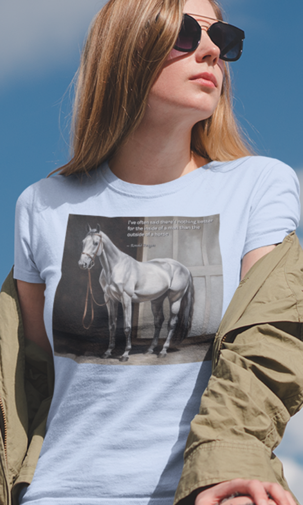 White Horse Thoroughbred With Famous Quote From Ronald Reagan