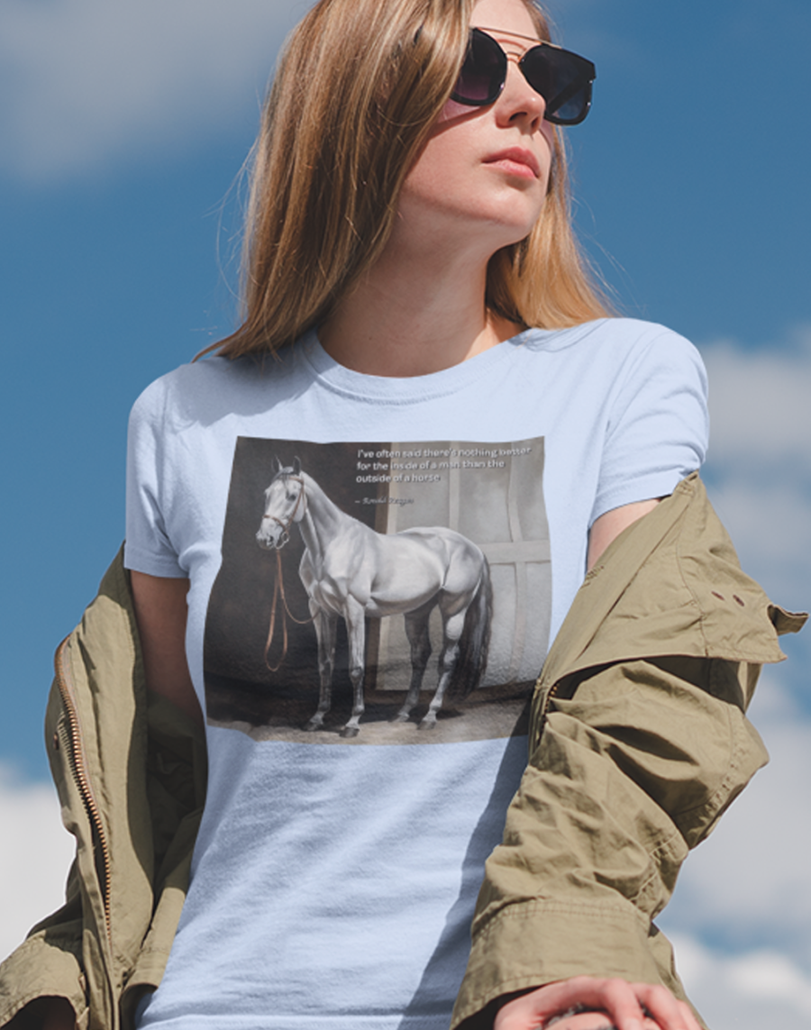 White Horse Thoroughbred With Famous Quote From Ronald Reagan