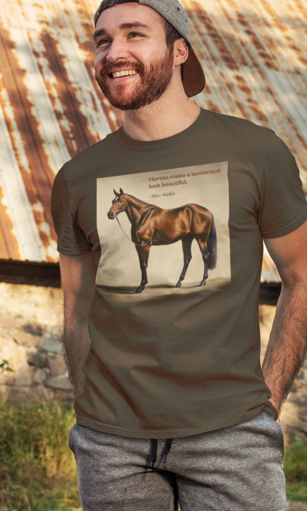 Man Hipster in Front Of Building Wearing a Cool Thoroughbred Horse Shirt With aFamous Quote by Alice Walker