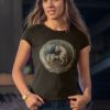 Woman wearing a fashionable tshirt featuring an ad of antique toys in a victorian style