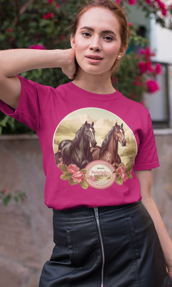 Woman wearing a tshirt with an advertisement of attractive victorian advertisement of sachets