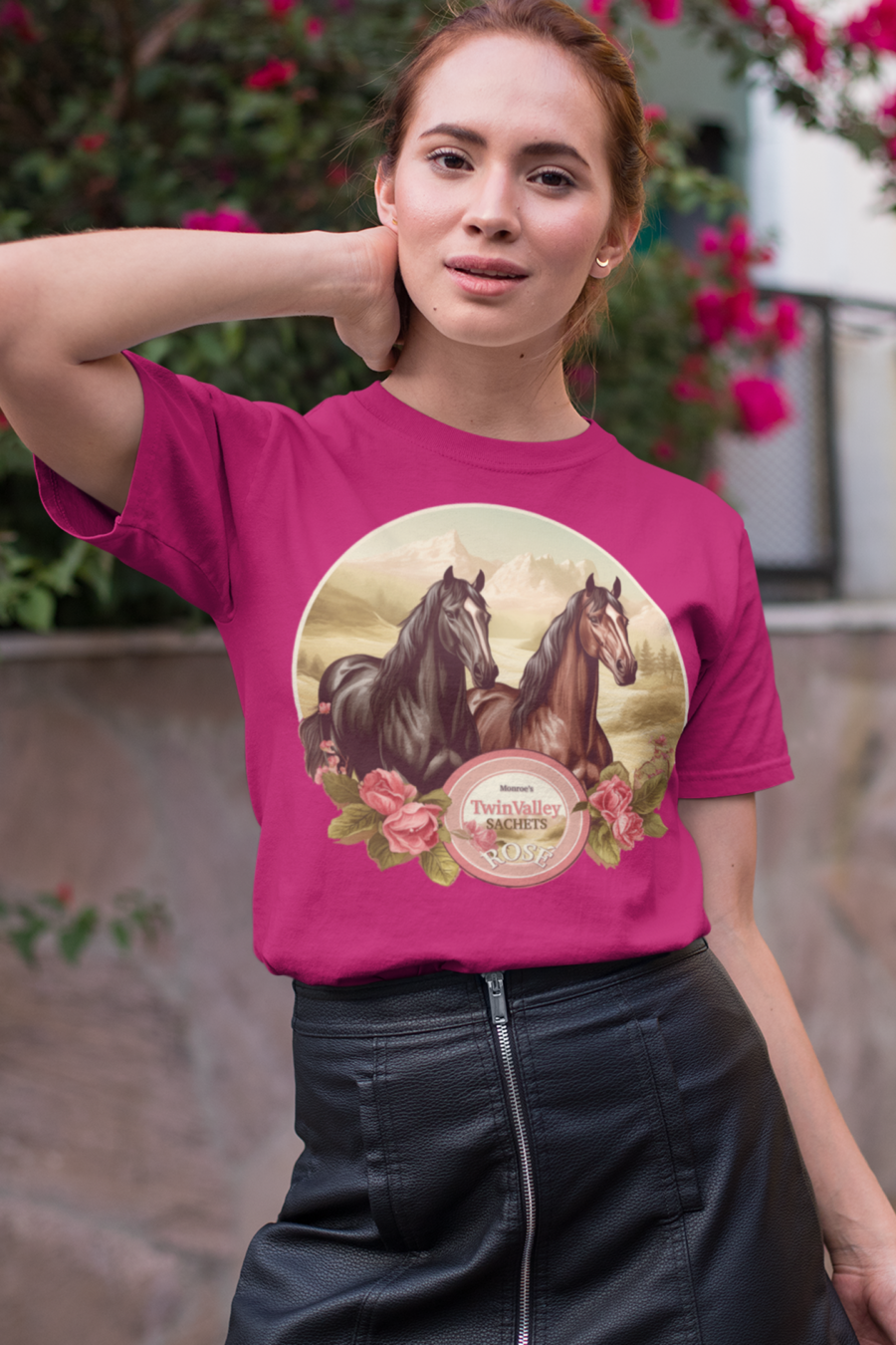 Woman wearing a tshirt with an advertisement of attractive victorian advertisement of sachets